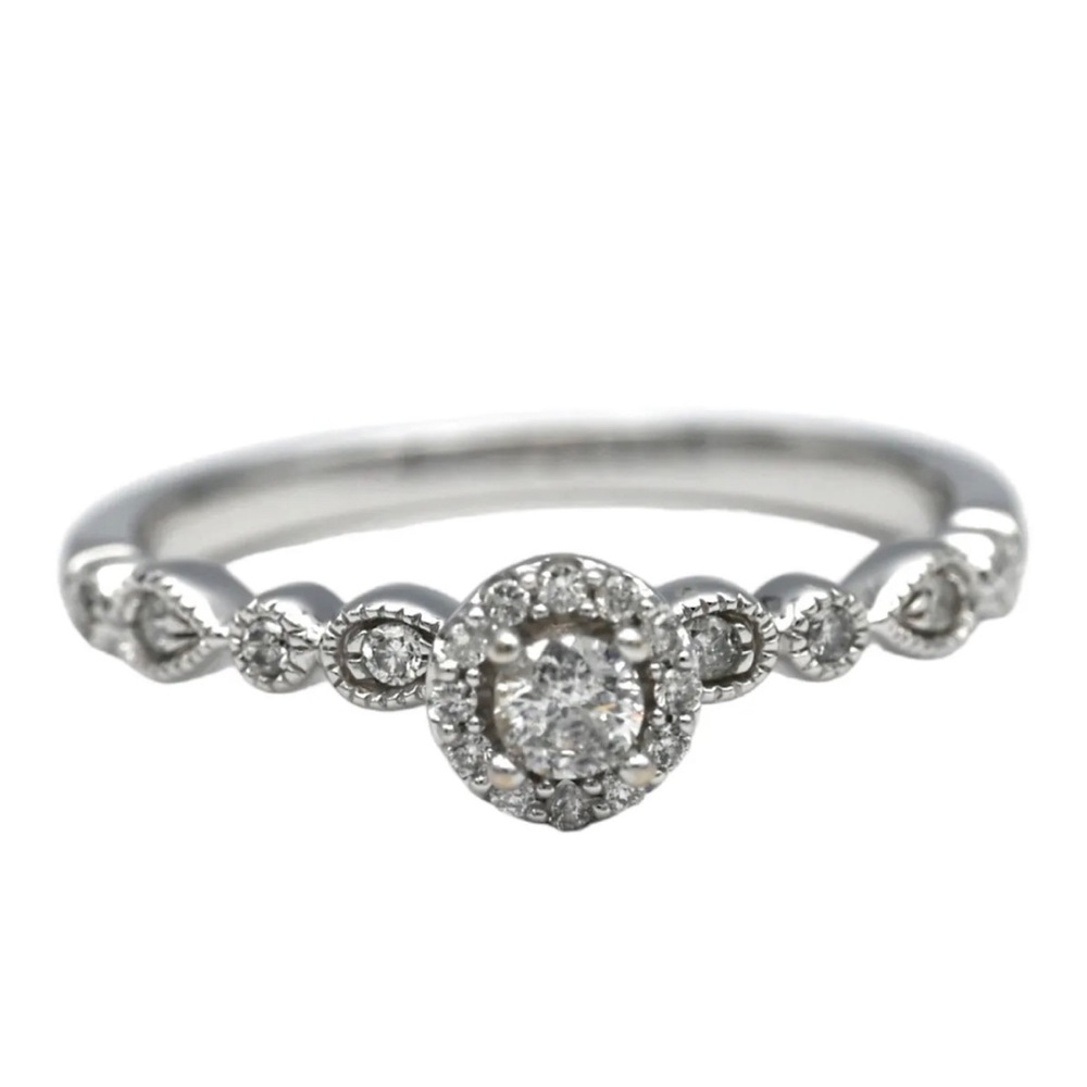 10k WG Round Diamond Halo Ring Vintage Art Deco